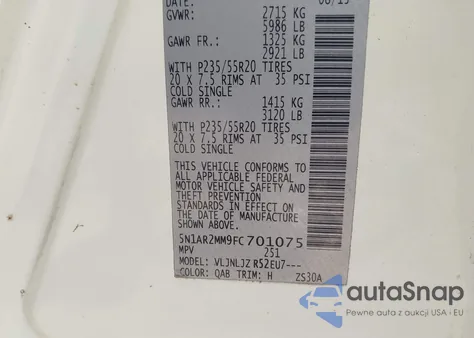 2015 Nissan Pathfinder Platinum из США, поврежденный, VIN 5N1AR2MM9FC701075